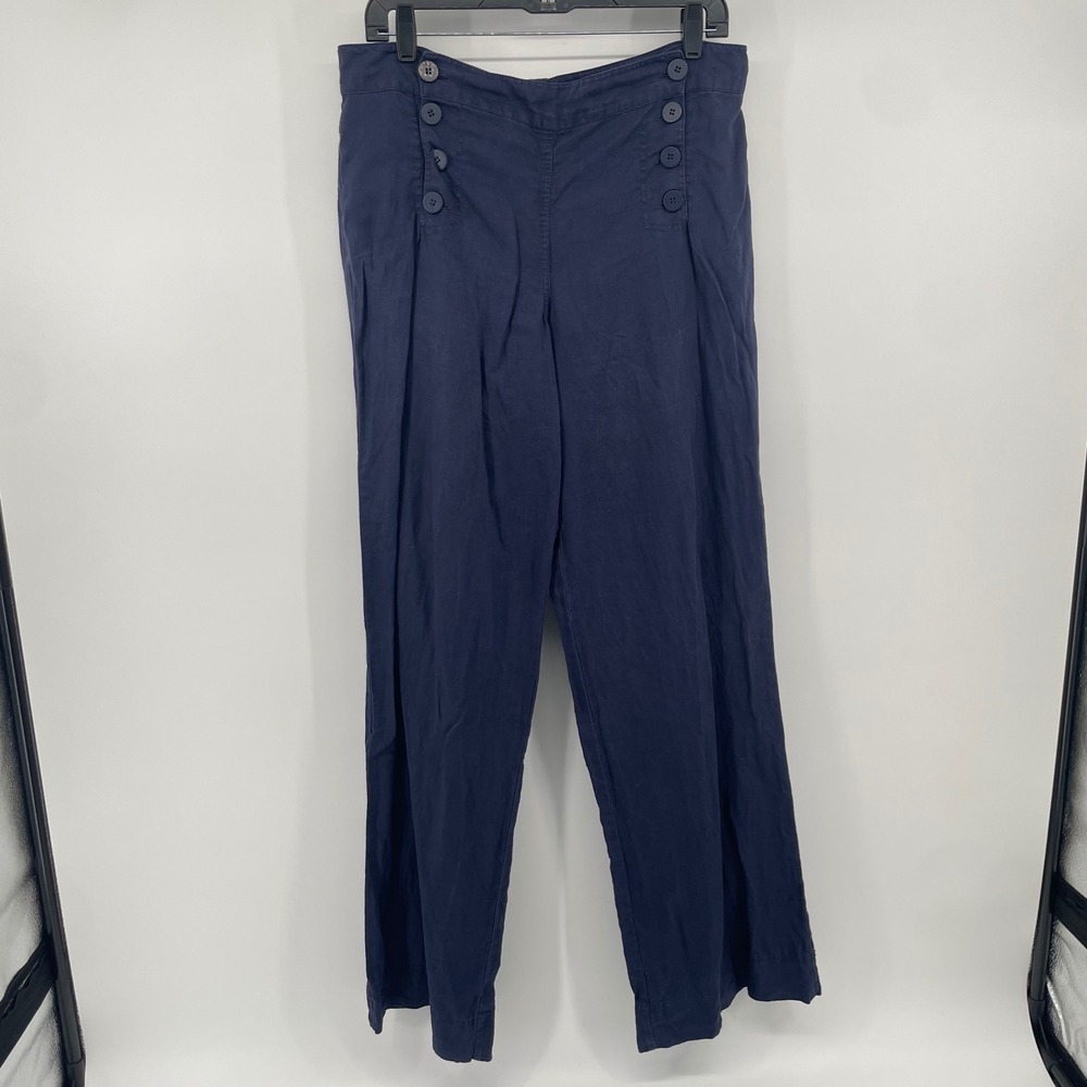 Max Studio Linen Pants Womens 10 Navy Blue Sailor Button Wide Leg Trousers